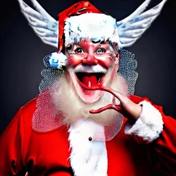 wings, freaky crazy Santa with wings, laughing, flying, satan wings