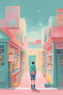 An art piece inspired by the book \'kids book store\' by Oliver Jeffers. Use Oliver Jeffers style with colorfull style, minimal solace, pastel painting.