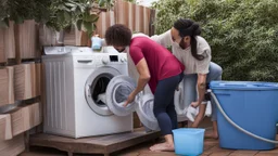 couple drains water from household washing machine