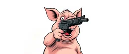 scared pig pointing uzi gun up into the air, stupid cartoon, airbrush and pen outline