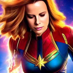 Captain Marvel,flying in the sky, hair on fire, busty, realistic, vibrant colors, Kate beckinsale's face