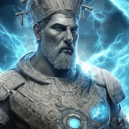 in center is a portrait of highly detailed greek colossus surrounded by quantum galaxy codes seeking knowledge, detailed face, dominating colors = gray light blue, lightning,