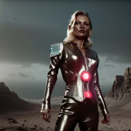 Ultra Realistic retro sci-fi movie scene, waist up view portrait, 5 clones blonde women, sweet young Kate moss face, perfect iris, glow eyes, face makeup, with weapon. Mars background, Retro sci-fi style, helmet, tight latex coat, fog, rain, soft color, highly detailed, unreal engine 5, ray tracing, RTX, lumen lighting, ultra detail, volumetric lighting, 3d, finely drawn, high definition, high resolution.