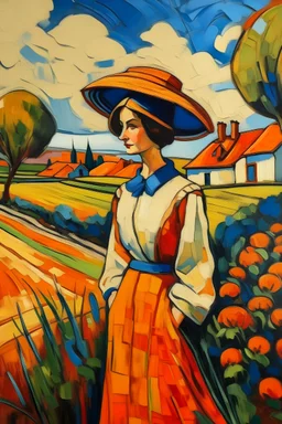 plano general mujer en campiña francesa al estilo Kandisnsky