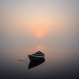 Award-winning fine art landscape photography of a lone wooden boat drifting on a mist-covered lake at sunrise, minimalist composition, soft atmospheric tones, emotional storytelling, extraordinary sense of tranquility, professionally photographed with a medium format camera, museum-quality imagery, masterpiece, 64 k
