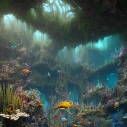 a gorgeous, stunning underwater room with glass wall, livingroom, dark wood floor, foliage, ocean marine life, 8k resolution, high-quality, fine-detail, iridescent, intricate, digital art, detailed matte, volumetric lighting, illustration, 3D octane render, brian froud, howard lyon, selina french, anna dittmann, annie stokes, lisa parker, greg rutowski, George Grie, Ben Goossens, Igor Morski