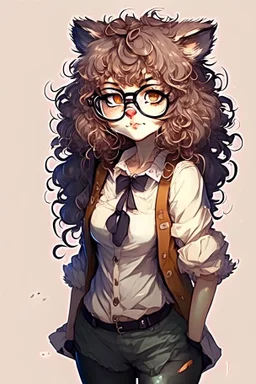 anime racoon girl with glasses curly hair fullbody