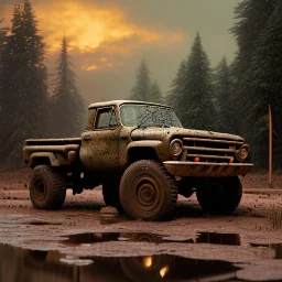 stylized hyperrealistic shot, muddy aggressive military toy truck, monotone color palette, sharp focus, puddle reflection, tire water splash, refraction, sunset, rocky terrain with huge boulders, detailed and intricate, cinematic composition, micro, tilt shift photography, unreal engine 5, octane render, 8k, cinematic lighting