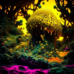 Irregular black spots, 8k, 3d render, Zdenek Burian, melting horror, tridimensional figures, intricate patterns, forest, sinister scribbles, colors, shot on Hasselblad, Yves Tanguy, tragicomic