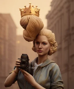 Statue of Queen of photography. Cute blonde woman. Photographer in golden crown. Standing on the street. Big camera in her hand. hyperdetailed, photorealistic, trending on artstation, greg rutkowski, beksinski, kodachrome, bokeh, red and gold