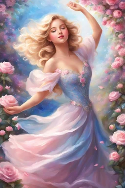 Digital painting style. In a pearl-kissed dress, enchantment unfurled, Her wavy blonde tresses, a canvas of the world, With a face as precious as a blossoming rose, Eyes of honey blue, where tranquility flows. Amongst pink spring flowers, she dances and twirls, Her heart brimming with happiness, emotions unfurl, A beautiful little girl, a radiant beam of light, In nature's embrace, finding pure delight.