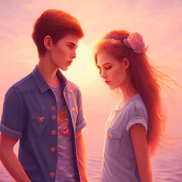 Boy and girl teens,cute, sun, romantic, happiness