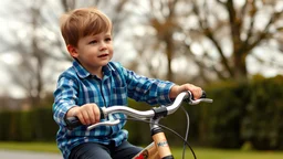 Young schoolboy riding a bicycle, award-winning colour photograph, beautiful lighting, accurate mechanism