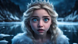 Hyper Realistic Photographic-view of Young Beautiful princess frozen deep-down a frozen-lake with the terrified look on her face & eyes dramatically open with-terrified-worried-expressions in her beautiful-eyes at night showing dramatic & cinematic ambiance