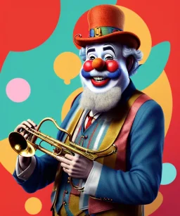 happy and funny old friendly clown with round head and trimmed beard playing jazz with a steampunk theme, trumpet on mouth, carnival, dreamy