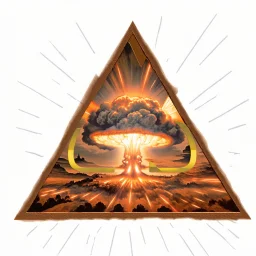 logo of a nuclear explosion mushroom cloud over omega letter, on the inside of a triangle, angelic religious lighting, dashed lines radiate outward from triangle, artdeco