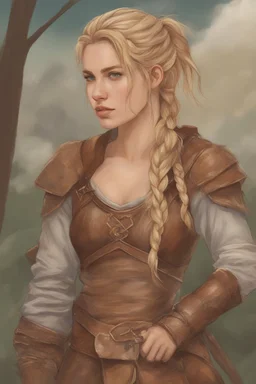 A drawing of beautiful woman with blond hair, viking braids, undercut. Brown leather armor.