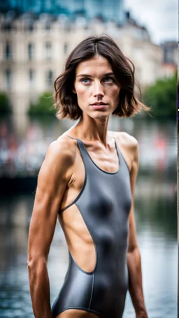 beautiful anorexic young woman, total shot, short shiny anthracite triathlon swimsuit, short brunette wavy bob hair, blurred city background