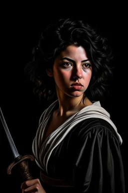 A portrait of a Warrior woman, black hair, Caravaggio style