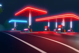  side of the road,gas station,night lighting,rainy, realistic, unity engine, cinematic lighting, high defenition render pipeline.