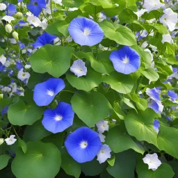 there are pretty blue and white morning glory vines with flowers grown up