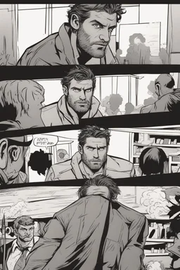 man with scruffy hair, stubble and a judgmental look on his face comic book style