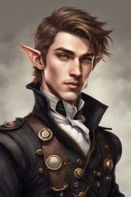 24-year-old, mischievous-looking elven male, brown hair, dressed in black steampunk uniform without hat