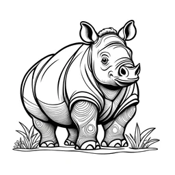 cute African Rhinoceros, black and white, white background, clean lines, coloring page for kids, cartoon