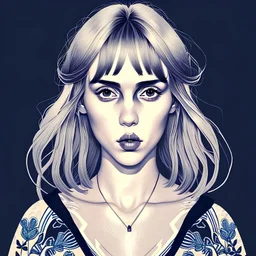 A beautiful portrait painting of a Singer Danish MØ face by Katsushika Hokusai, symmetry, hyperdetailed, illustration darkblue tones,