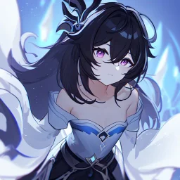 Clear focus, High resolution, rough line sketch art, long black hair, hair between eyes, fluffy hair, purple eyes, wearing a off shoulder shirt, no spaghetti strapes, dark aura, 1girl, wearing a skirt, genshin impact