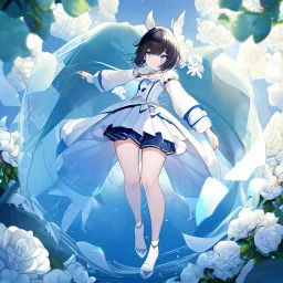 Clear focus,High resolution, Black short fluffy hair, and blue eyes, wearing a light blue short skirt with a white flower pattern near the bottom, Wearing light yellow cut sleeves that have white long flaps under it with a flower pattern near the end, wearing a white collar, full body