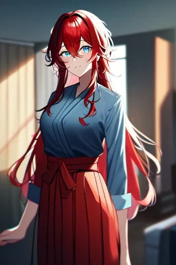 girl, masterpiece, best quality, cinematic lighting, detailed outfit, vibrant colors, perfect eyes, blue eyes, long hair, red hair, messy hair, hair between eyes, indoors, depth of field, ray tracing, hakama,