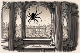 One day there was a long window open, and inside the palace there was a dark room, and the window of that palace was broken and had a spider web in it, and the picture appeared from the outside. Someone was looking at someone inside, cartoon, 2D.