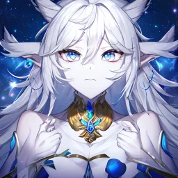 cosmic mage, elf, female, battle mage, epic, cosmic magic, long ears, white hair, face details, pale skin, jewellery, broad shoulders, sharp ears, cosmic clothes, cosmic eyes, ears shown, light out of eyes, the cosmos in eyes, stars in eyes, shining eyes, non human face, thin face, animation, detailed ears, magical eyes, non realistic, closed mouth, bigger make up, smile