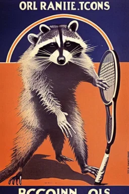 old man in 1928 poster advertising racoon tennis, raccons flying in air between tennis rackets while humans::4 use them as a tennis ball