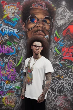 Rapper with glasses on, tattoos and piercings, afro hair and baggy pants. Graffiti wall in background