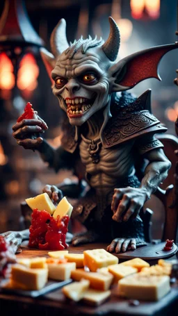 full body portrait of a vampire werewolf gremlin gargoyle eating cheese doodles and the blood of fish on a viking ship, in the style of Giger,bokeh like f/0.8, tilt-shift lens 8k, high detail, smooth render, down-light, unreal engine, prize winning