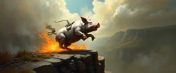 faster than a greased muscle shiny cowboy disco pig on a runaway train jumping over the cliff . speed and energy, painted by Rembrandt and fallout 4