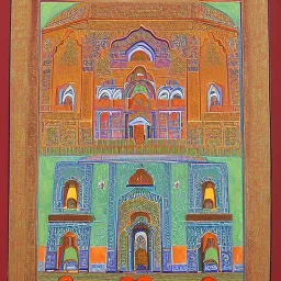 spiritual chakra consciousness of Indian temple mosque architecture in Tibetian painting style