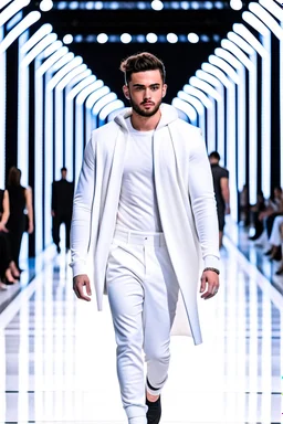 A guy on a fashion runway with Kryptonian design clothes white tones