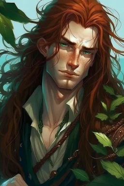 determind wet pirate nereid male with seaweed in long auburn hair and freckles