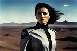 [color photo by Helmut Newton] a female Starfleet cadet in command of her starship. amidst a desolate landscape beside a, Her torn jacket uniform billows in the wind, a symbol of resilience in the face of adversity. Horror is etched across her face as she gazes towards the distant horizon, where a monstrous entity looms ominously, a nightmare given form in the vast expanse of space. The starship's hull gleams under the gentle light of distant stars, a beacon of hope shining amidst the desolatio