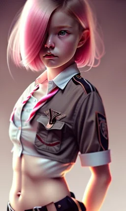 girl, cute, beautiful, pink hair, brown eyes, pigtails, bangs, knife in hand, blood on face, by Greg Rutkowski, big boobs, school girl uniform