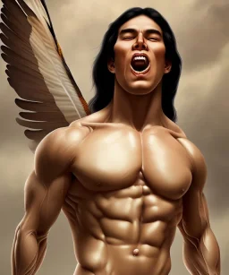 native american warrior, long black hair, big muscles, face up, mouth wide open, scream face, shirtless, looking to the sky