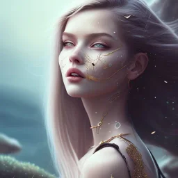 Insanely beautiful girl, beautiful face, sunny, relaxing, sea, trees, glossy, real details, hyper ultra photo realistic, washboardpunk, fantasy art, glowing landscape, 8k