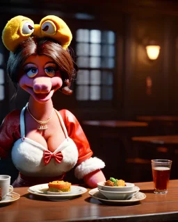 waitress woman with muppet mask that covers her entire head, retro style, smooth, unreal engine 5, god lights, ray tracing, RTX, lumen lighting, ultra detail, volumetric lighting, 3d.