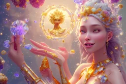 very beautiful crystal and gold goddess in a galactic ambiance, nice smiling, transparent petals, delicate colors, full of details, smooth, bright sunshine，soft light atmosphere, light effect，vaporwave colorful, concept art, smooth, extremely sharp detail, finely tuned detail, ultra high definition, 8 k, unreal engine 5, ultra sharp focus