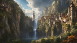 a wide waterfall falling upon a medieval european city at the end of a steep, narrow, 3.000 feet tall ravine. a masterpiece, fantasy concept art, dynamic lighting, hyperdetailed, intricately detailed, deep color, Unreal Engine, volumetric lighting, Epic cinematic brilliant stunning intricate meticulously detailed dramatic atmospheric maximalist digital matte painting