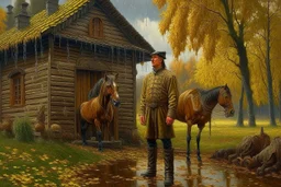 Fascinating, ultra-realistic nature in the photo. Golden autumn. A 32-year-old man in 19th-century Russian clothes stands with his head raised to the sky, raindrops dripping on his face. In the background, a 19th-century estate and three horses stand at the outhouse.