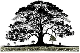 silhouette white background of beatuful scenic picture tree of life in meadow english countryside from a distance scenery painting